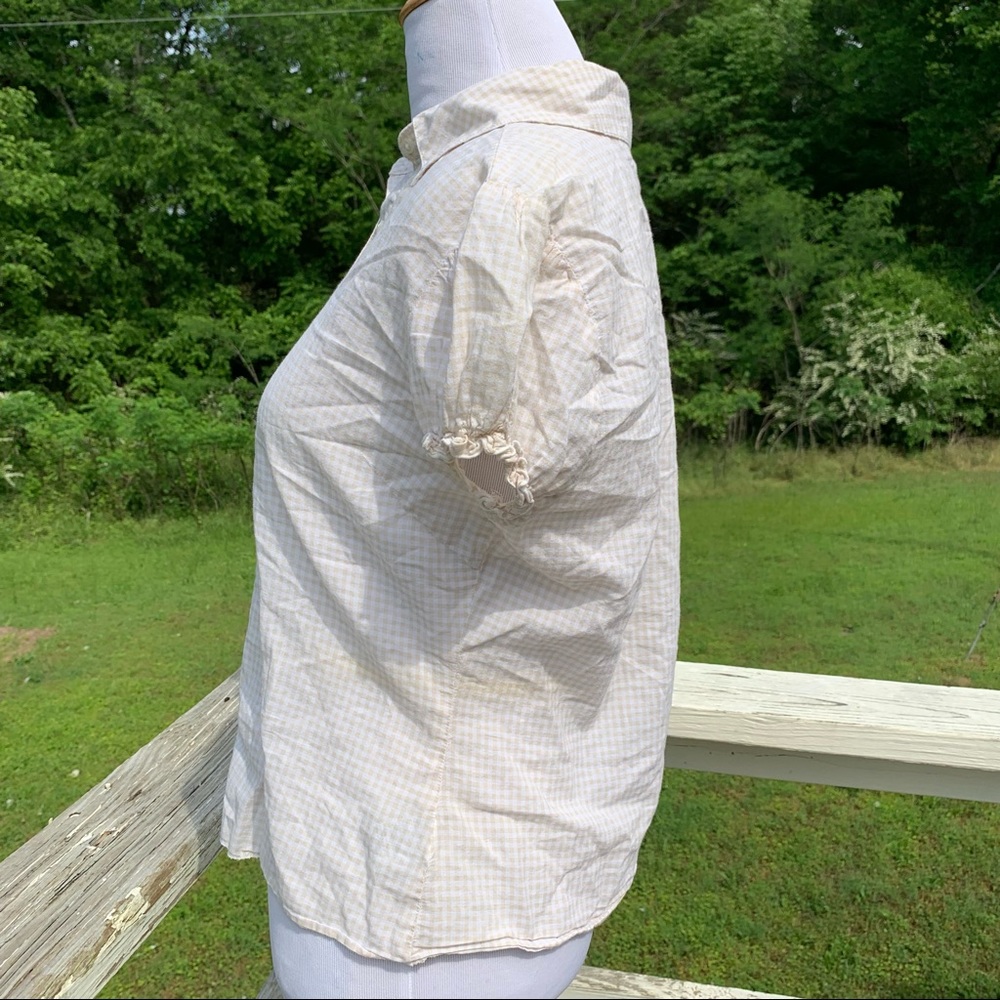 Vintage TH Tommy Hilfiger Soft Cotton Cream Gingham Button Puff Sleeve Blouse - Picture 6 of 9